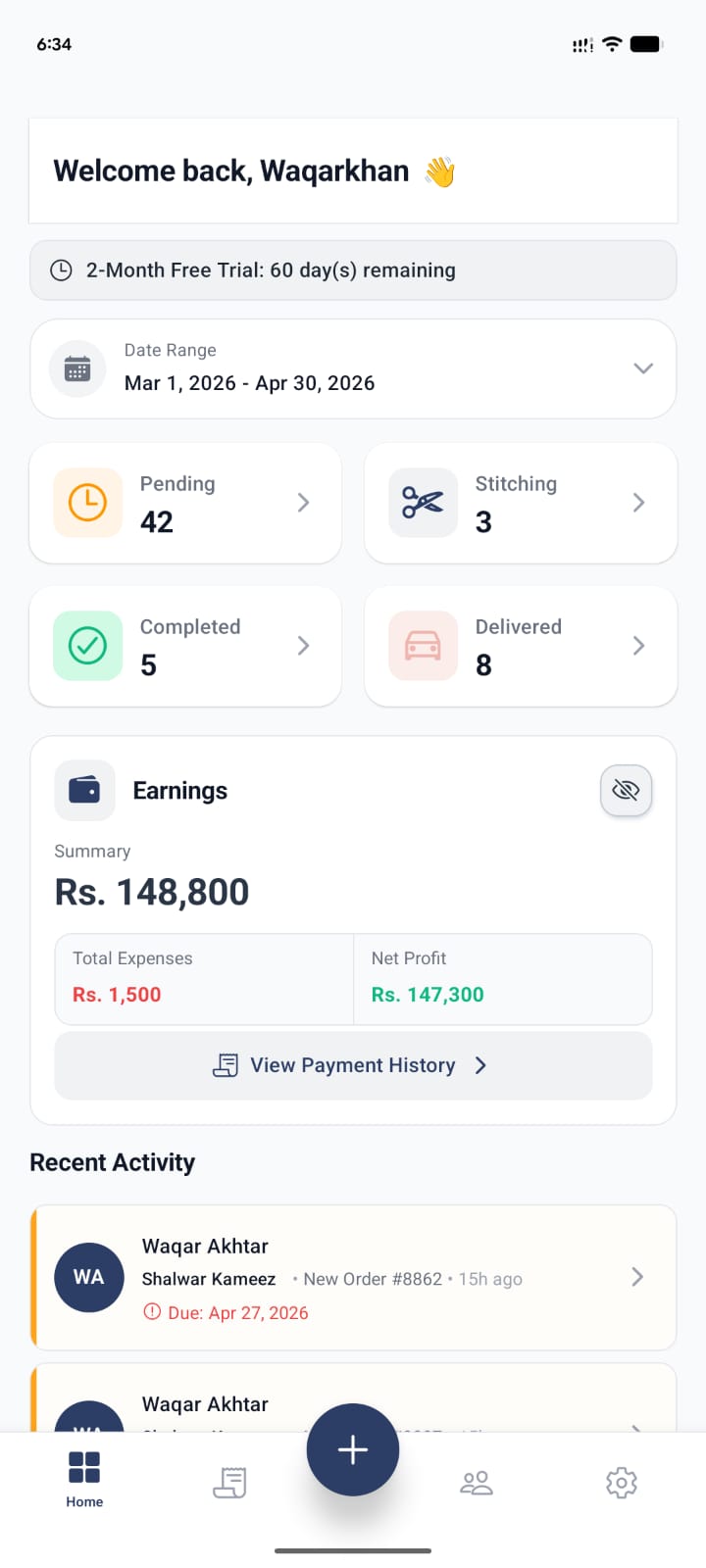 Smart Tailors mobile app dashboard showing orders, earnings, and customer activity